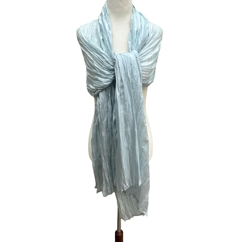 Eileen Fisher 100% Silk Coastal Minimalist Crinkle Beaded Scarf Wrap Pastel Blue